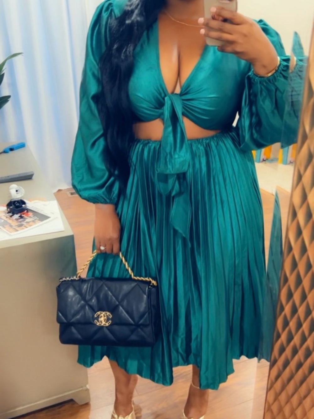 Boohoo Teal Satin Tie-Front Midi Dress